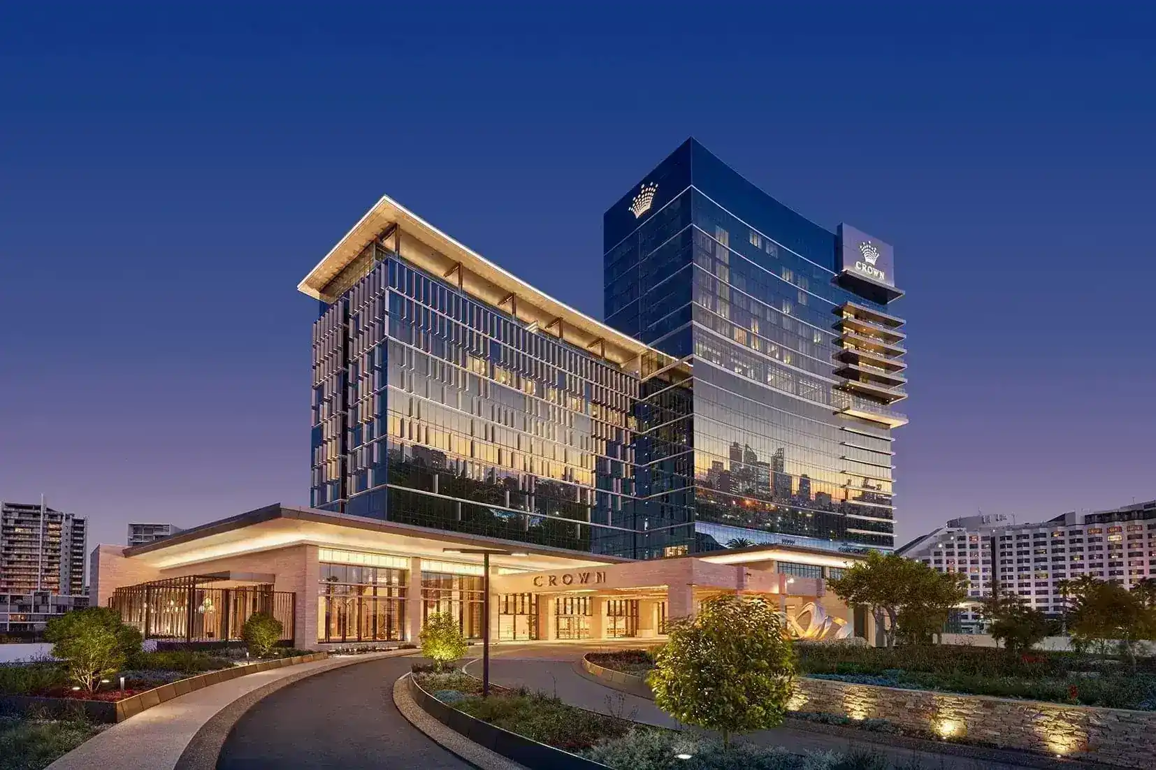 Crown Perth resort exterior at twilight