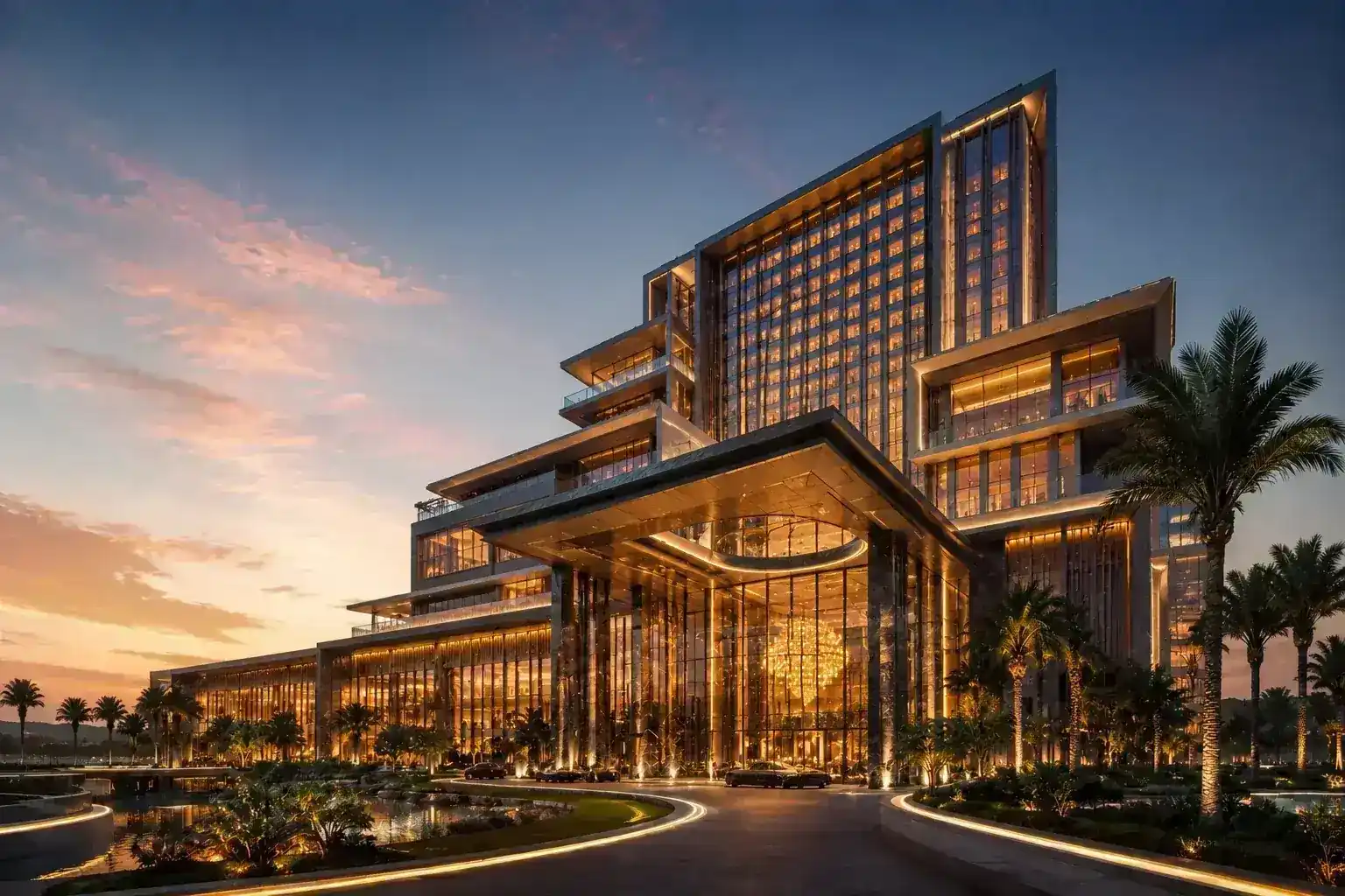 A coastal casino destination at dusk